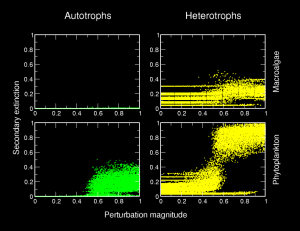 Perturbation of macroalgae (top) and phytoplankton (bottom), and resulting loss of autotrophic productivity because of top-down effects (left), and secondary extinction of heterotrophic species (right).